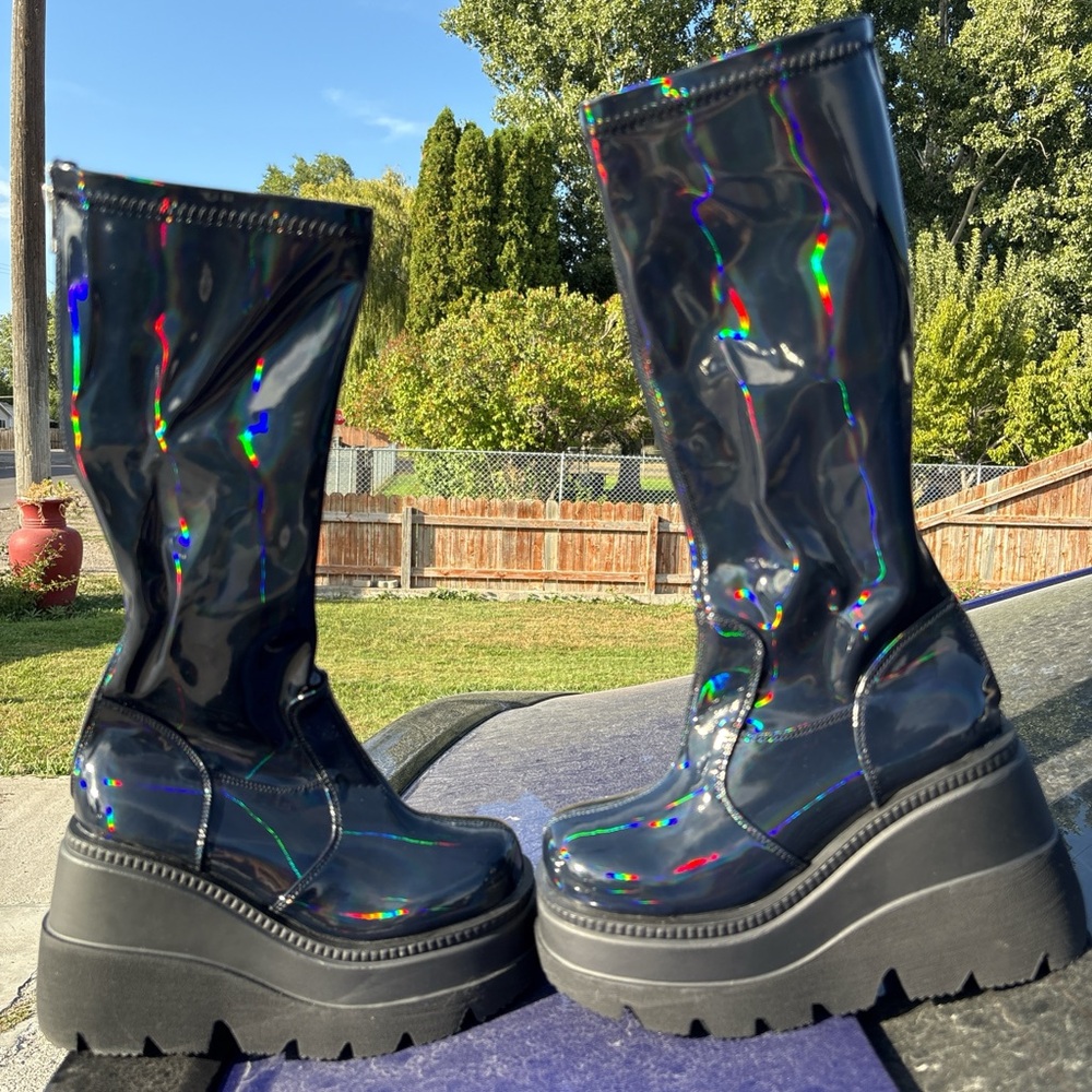 Demonia Iridescent Black Platform Boots